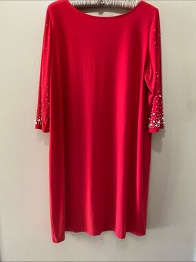 Tiana B. Red Midi Dress with Pearl-Embellished Sleeves